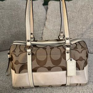 Coach Brown Signature Canvas Shoulder Bag with Cream Trim